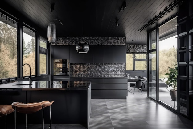 Interni dal design moderno della cucina scura nera di lusso