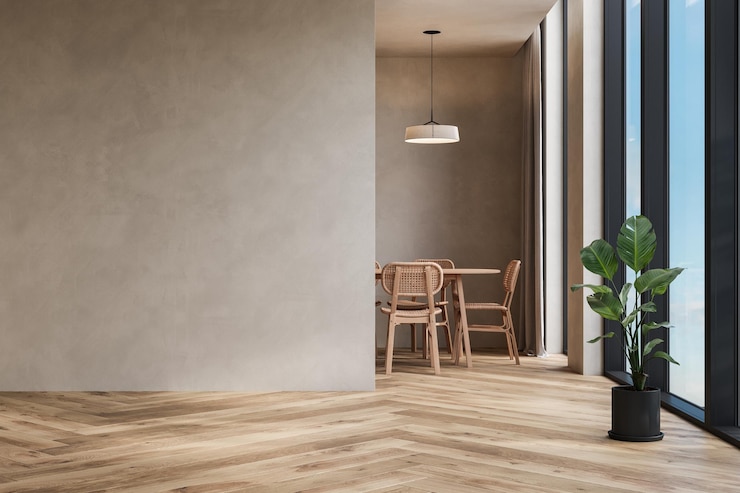 Foto interni dal design moderno della sala da pranzo dell'appartamento con tavolo e sedie, soggiorno vuoto con panorama delle pareti beige