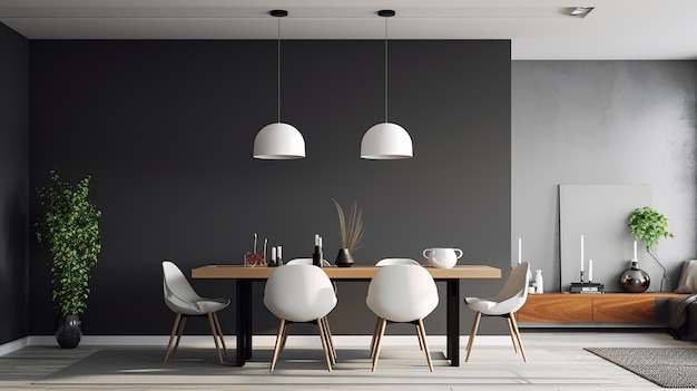 Interni dal design moderno della sala da pranzo dell'appartamento con tavolo e sedie, soggiorno vuoto, parete scura
