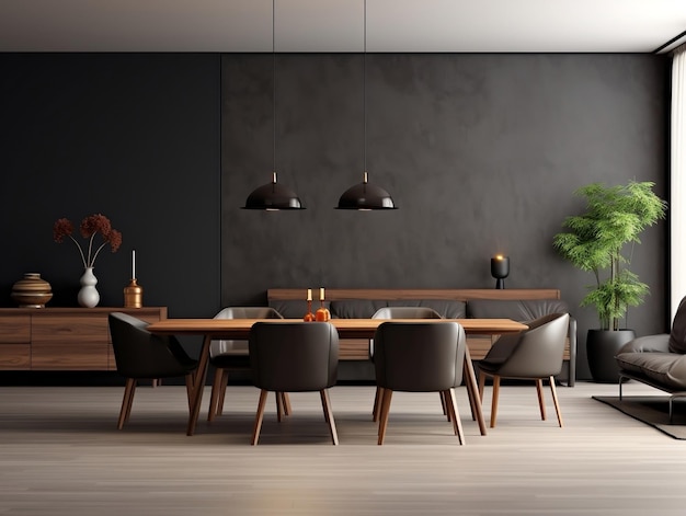 Interni dal design moderno della sala da pranzo dell'appartamento con tavolo e sedie