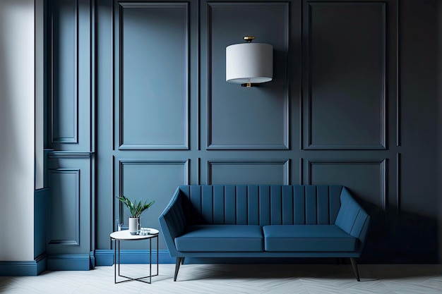 Interni dal design moderno della stanza ufficio vuota con divano blu con finiture a parete blu e dettagli di accento bianco