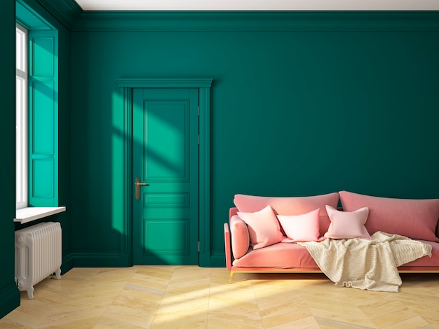 Interni dal design scandinavo classico verde con divano e cuscini. Illustrazione rendering 3D.