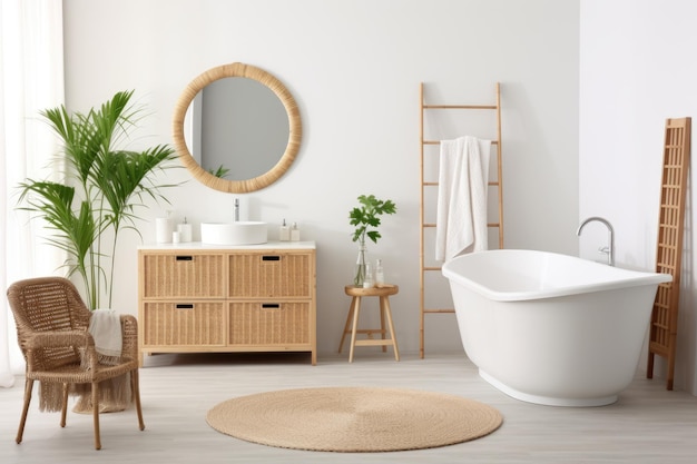 Interni del bagno in stile boho con mobili in rattan e verde pieno di luce