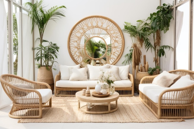 Interni del soggiorno in stile boho con mobili in rattan e verde pieno di luce