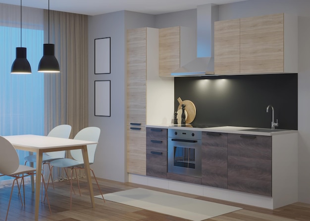 Interni della cucina in stile moderno. Notte. Illuminazione serale. Rendering 3D.