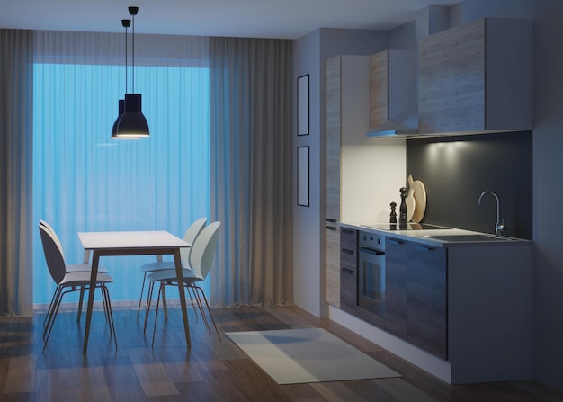 Interni della cucina in stile moderno. Notte. Illuminazione serale. Rendering 3D.