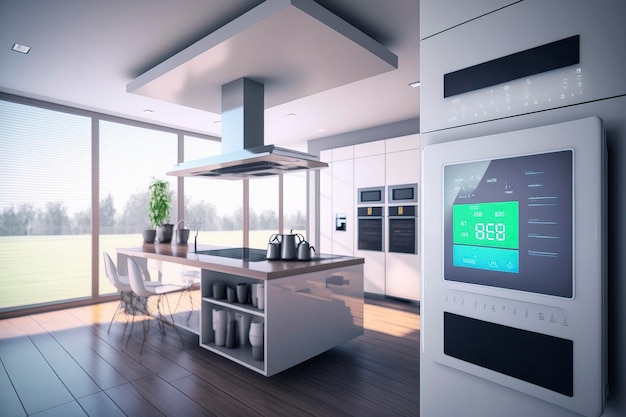 Interni della cucina moderna della casa intelligenteImmagine generata dalla tecnologia AI