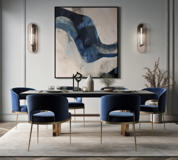 Interni della sala da pranzo moderna con opere d'arte di grandi dimensioni e sedie di velluto blu