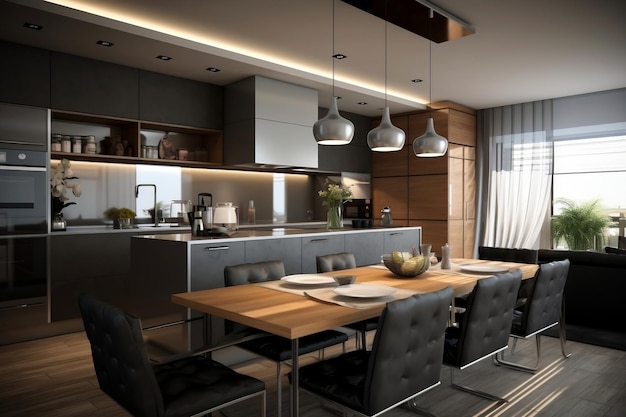 Interni di appartamenti chic con cucina contemporanea e intelligenza artificiale generativa