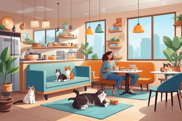 Interni di caffè per cani e gatti con mobili e attrezzature Donne dei cartoni animati con animali domestici