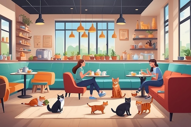 Interni di caffè per cani e gatti con mobili e attrezzature Donne dei cartoni animati con animali domestici