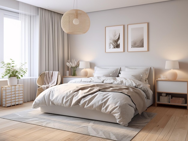 Interni di camera da letto bianca luminosa con mobili complementari AI Generato