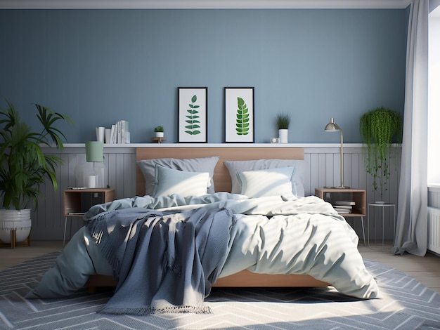 Interni di camera da letto blu sereno design equilibrato AI Generato