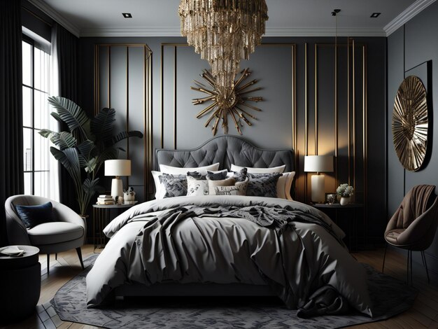 Interni di camera da letto di lusso con decorazione nera e dorata generativa ai