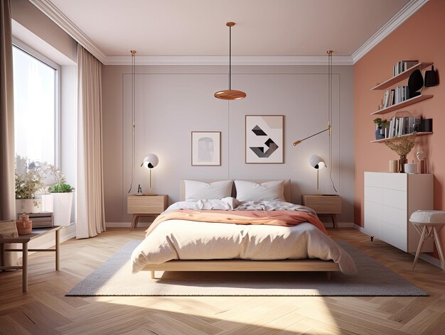 Interni di camera da letto minimi con modella di decorazione della casa Sfondamento di design moderno AI generativa