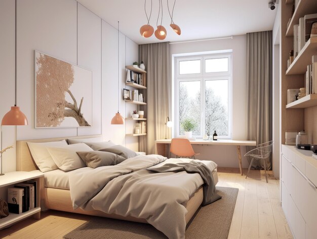 Interni di camera da letto minimi con modella di decorazione della casa Sfondamento di design moderno AI generativa