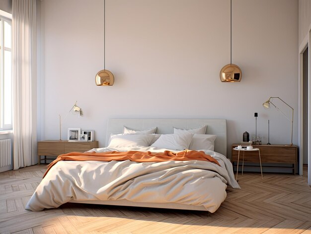 Interni di camera da letto minimi con modella di decorazione della casa Sfondamento di design moderno AI generativa