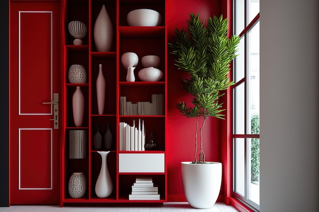 Interni di camere in stile moderno che includono un vaso rosso