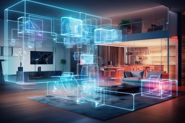 Interni di case moderne con effetto ologramma digitale Interni di salotto moderno con luci luminose rendering 3D generato da AI