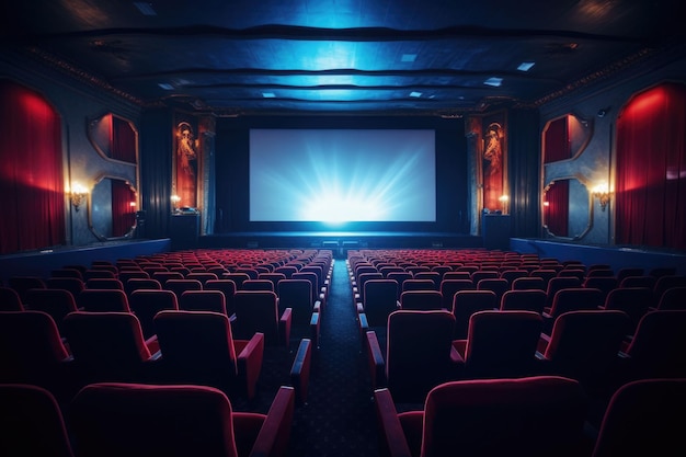 Interni di cinema moderni vuoti con schermo e sedili Illustrazione generativa di AI