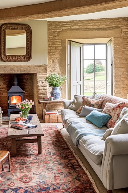 Interni di cottage con design moderno e mobili antichi decorazione della casa salotto e soggiorno divano e camino in stile inglese di campagna e campagna