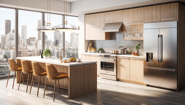Interni di cucina di lusso con pareti in legno pavimento in legno duro finestra panoramica e vista sulla città rendering 3D