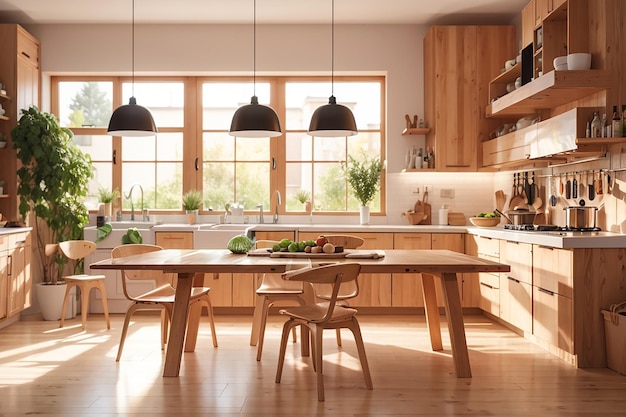 Interni di cucina in legno chiaro con tavolo al centro della sala da pranzo bellissimo design della cucina