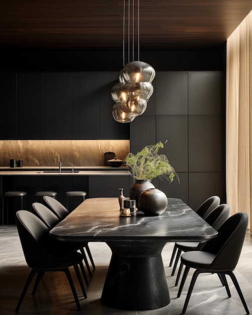Interni di cucina moderna scura con tavolo da pranzo