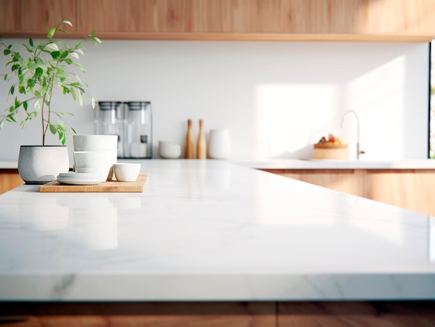 Interni di cucina moderni con bancone in marmo e piatti in ceramica accenti in legno concetto di design pulito IA generativa