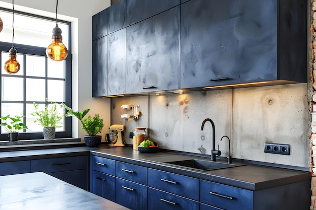 Interni di cucina moderni in colori blu scuro e elementi in cemento