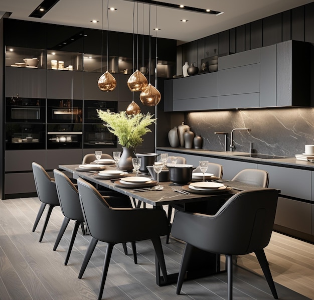 Interni di cucina moderni in colori grigio e nero 3D Render