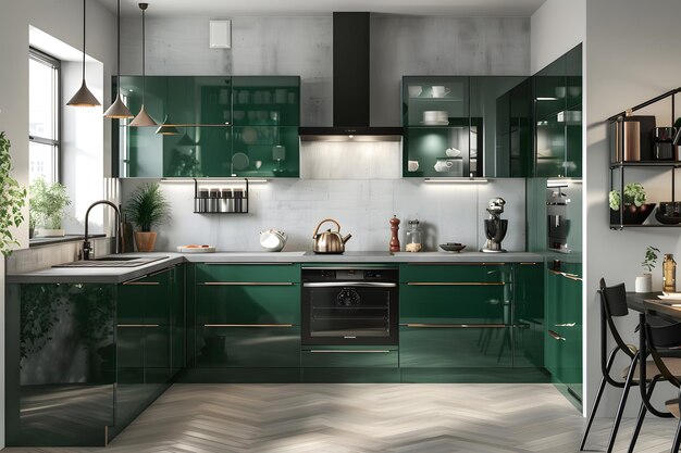 Interni di cucina moderni in colori verde scuro e elementi in cemento