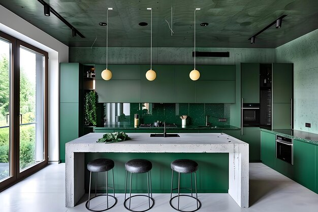 Interni di cucina moderni in colori verde scuro e elementi in cemento