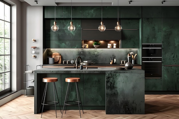 Interni di cucina moderni in colori verde scuro e elementi in cemento