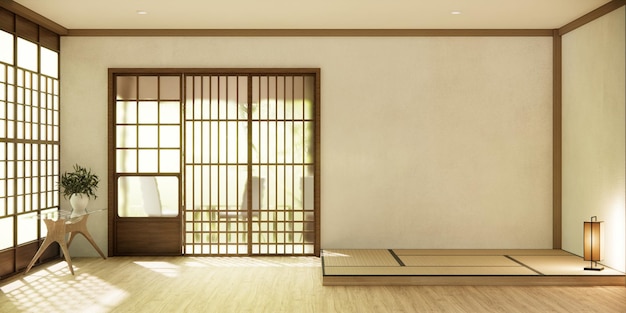 Interni di design della camera Nihon con porta in carta e parete su pavimento in tatami in stile giapponese