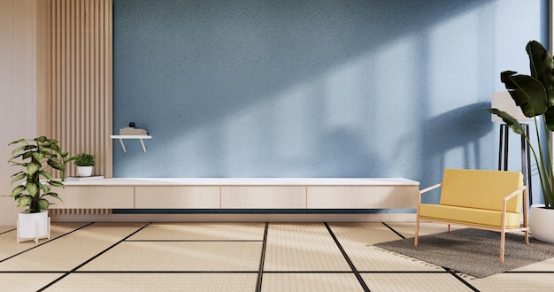 Interni di design in camera di colore blu con carta per porte e mensola per armadietto a parete su pavimento in tatami in stile giapponese. Rendering 3D