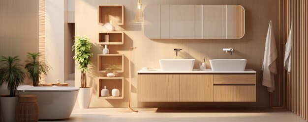 Interni di design moderno del bagno con controsoffitto in legno