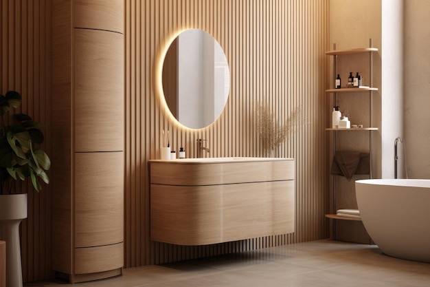 Interni di design moderno del bagno con controsoffitto in legno