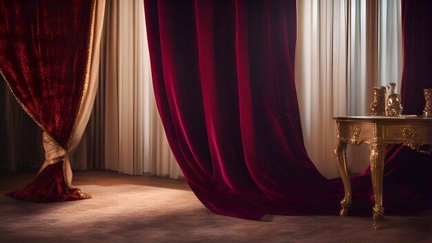 Interni di lusso con tende rosse e tavolo dorato rendering 3d