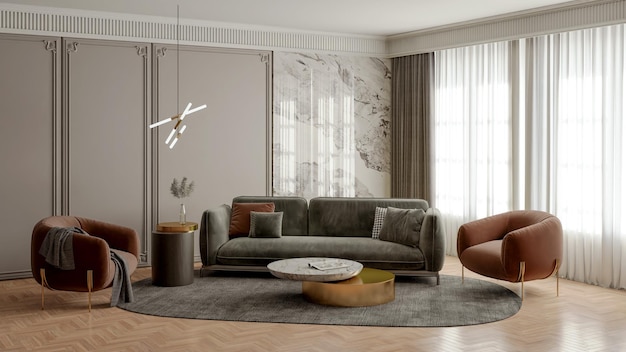 Interni di lusso moderni e luminosi di grandi dimensioni Illustrazione del mockup del soggiorno Immagine generata digitalmente dal computer di rendering 3D