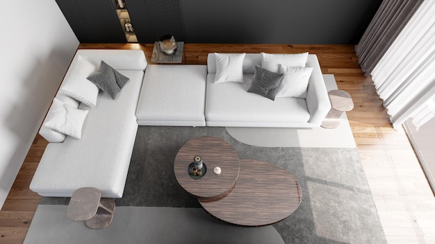 Interni di lusso moderni e luminosi di grandi dimensioni Illustrazione del mockup del soggiorno Immagine generata digitalmente dal computer di rendering 3D
