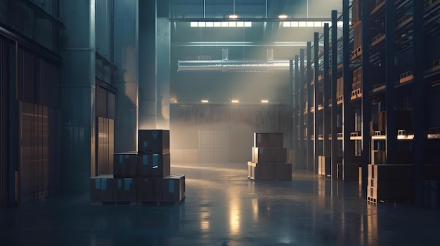 Interni di magazzini futuristici al crepuscolo scena sci-fi con illuminazione atmosferica concept art per giochi e sviluppo di realtà virtuale AI