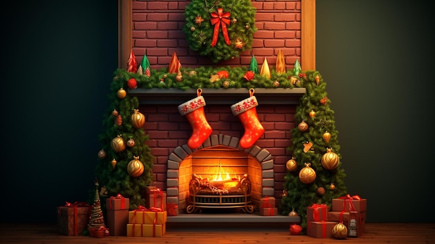 interni di Natale con regali, camino e albero di Natale AI generativa