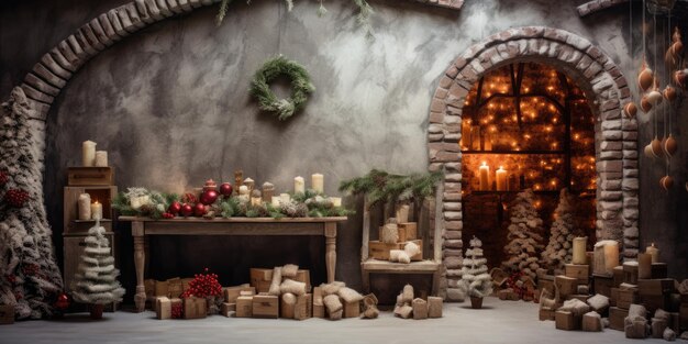 Interni di Natale in stile rustico con decorazioni festive fatte a mano per una casa accogliente