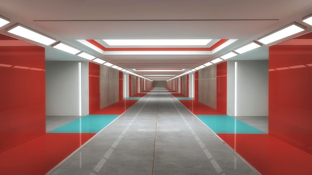 interni di rendering 3D. Corridoio futuristico. Progettazione del concetto di interni