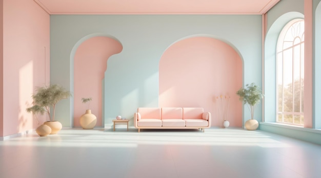 Interni di stanze minimalisti con mobili semplici con colori pastello