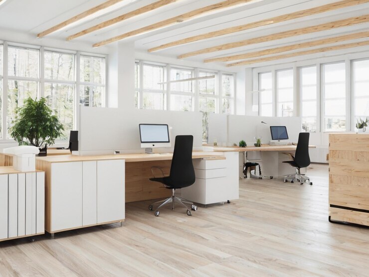 Foto interni di ufficio bianchi e in legno