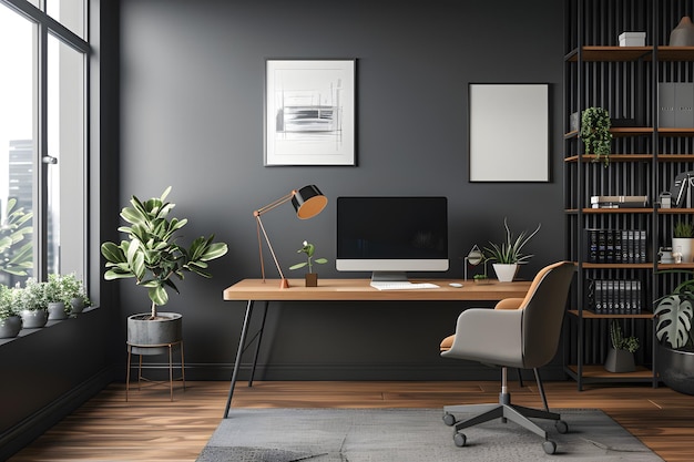 Interni di ufficio con pareti grigio scuro pavimento in legno scrivania e sedia per computer in legno