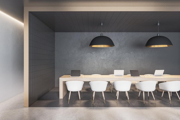 Interni di ufficio coworking minimalistici con apparecchiature di partizione di piastrelle nere mobili e luce diurna Rendering 3D