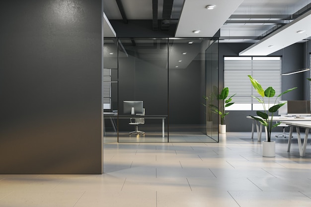 Interni di ufficio di coworking in cemento moderno con un modello vuoto su mobili a parete, apparecchiature, persiane e altri oggetti 3D Rendering